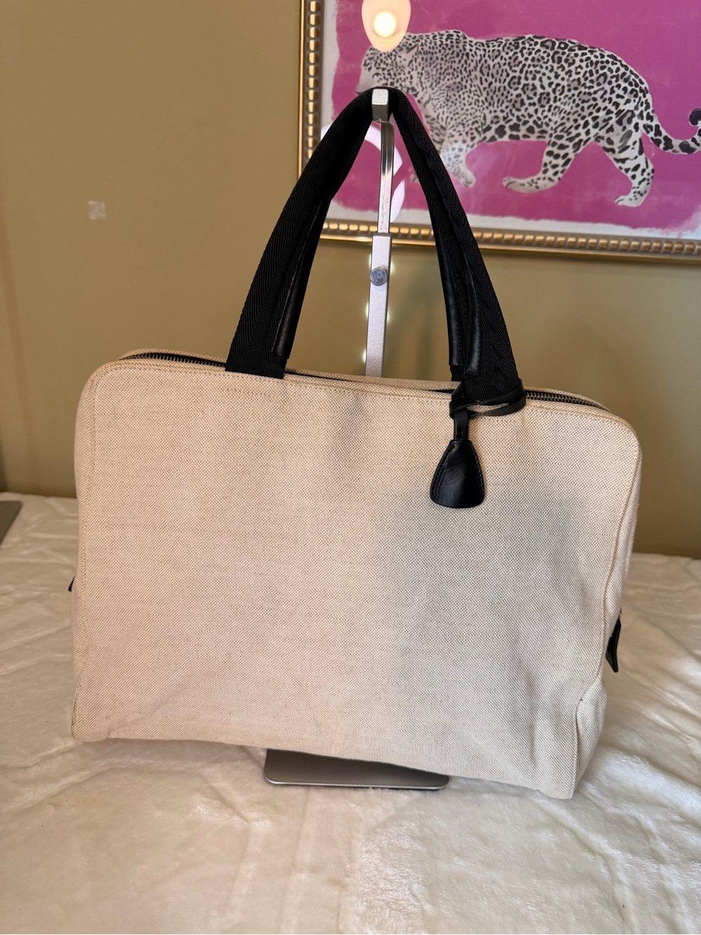 Prada Cream Canvas Satchel/Tote with Black Handles